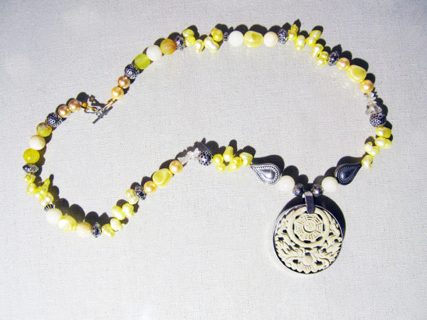Silver Pendant With Natural Stone, Yellow Pearls, Marble, Necklace