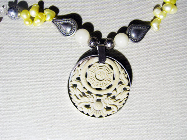 Silver Pendant With Natural Stone, Yellow Pearls, Marble, Necklace - Image 4