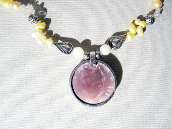 Silver Pendant With Natural Stone, Yellow Pearls, Marble, Necklace - Image 2
