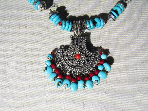 Inlaid Metalwork with Egyptian Turquoise and Corals, Necklace - Image 2
