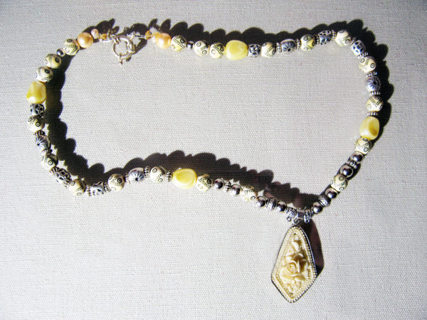 Handmade Pendant With Silver Frame and Camel-Bone Beads
