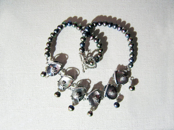 Black Pearls (from Japan) With Handcrafted Antimony Metal Work, Necklace