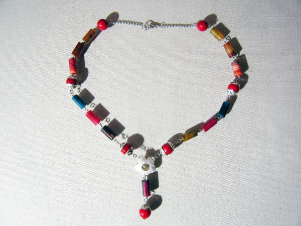 Silver Plated Drak Red Coral Quartz and Jade Necklace