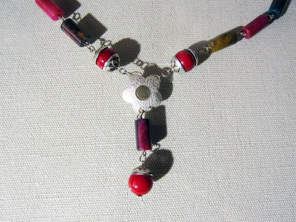 Silver Plated Drak Red Coral Quartz and Jade Necklace - Image 2