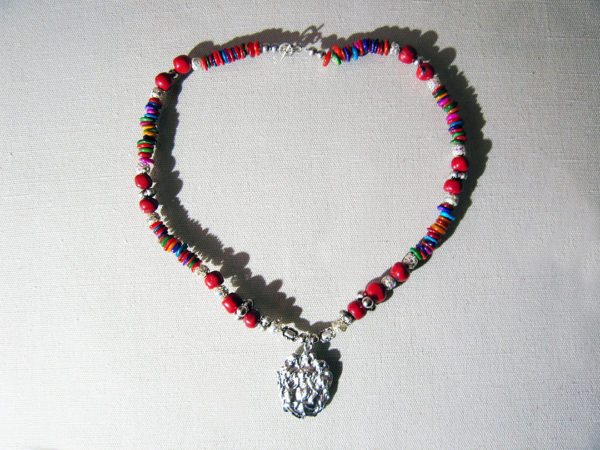 Platinum Plated Antique Pendant With Angels And Mother of Pearls, Red Corals, Silver & Gold Plated Beads Necklace