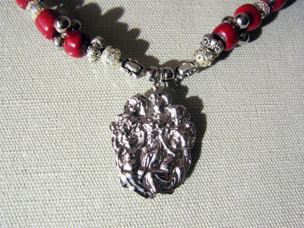 Platinum Plated Antique Pendant With Angels And Mother of Pearls, Red Corals, Silver & Gold Plated Beads Necklace - Image 4