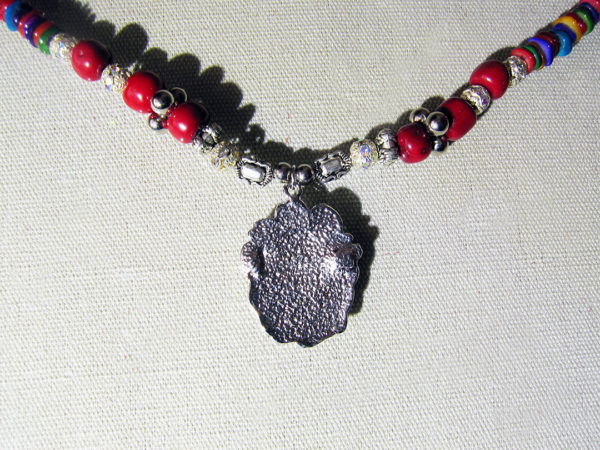 Platinum Plated Antique Pendant With Angels And Mother of Pearls, Red Corals, Silver & Gold Plated Beads Necklace - Image 2