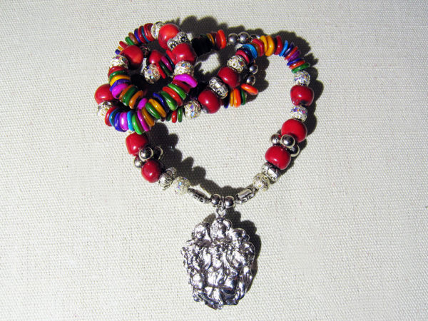 Platinum Plated Antique Pendant With Angels And Mother of Pearls, Red Corals, Silver & Gold Plated Beads Necklace - Image 5
