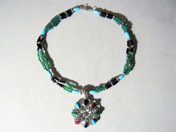 Silver Necklace With Turquoise, Onyx and Jade