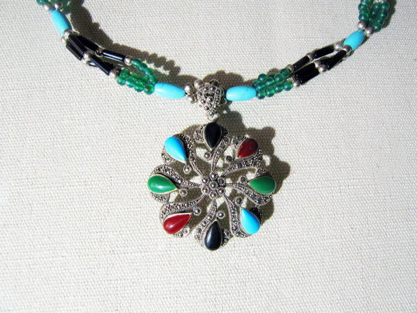 Silver Necklace With Turquoise, Onyx and Jade - Image 5