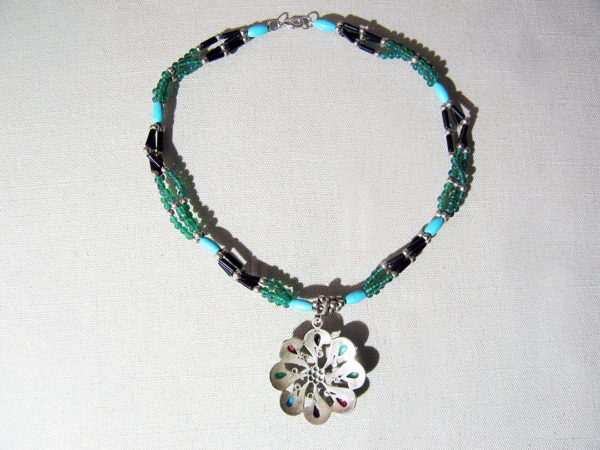 Silver Necklace With Turquoise, Onyx and Jade - Image 3