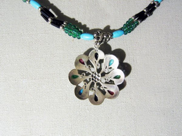 Silver Necklace With Turquoise, Onyx and Jade - Image 2