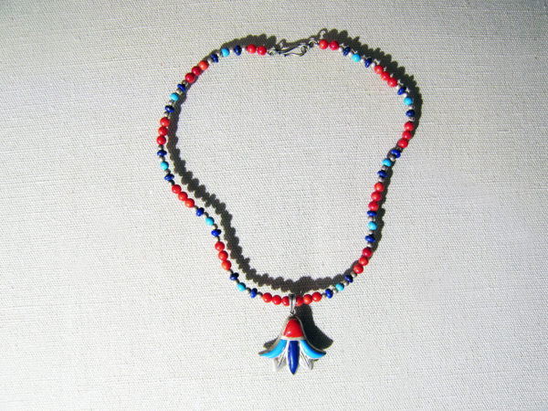 Handcrafted Egyptian Silver Inlaid With Lapis, Turquoise and Coral Necklace