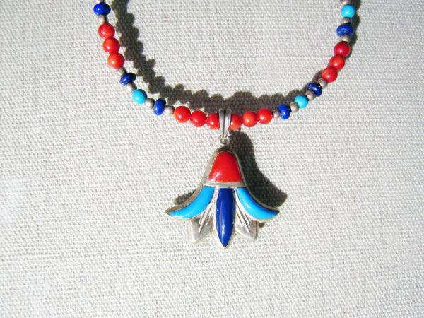 Handcrafted Egyptian Silver Inlaid With Lapis, Turquoise and Coral Necklace - Image 2
