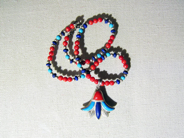 Handcrafted Egyptian Silver Inlaid With Lapis, Turquoise and Coral Necklace - Image 4